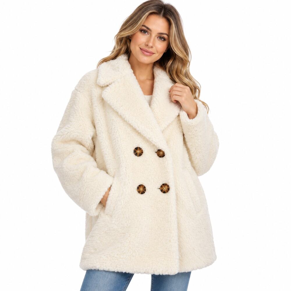 Kate Spade Medium Cream Teddy Coat Faux Fur Double Breasted Jacket Winter Warm